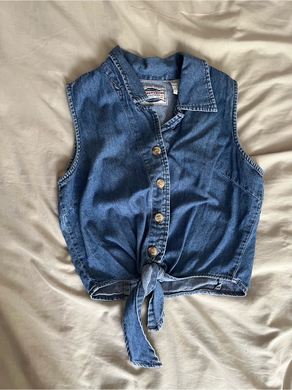 Sleeveless Tie-Front Denim Button-Up Top - Blue